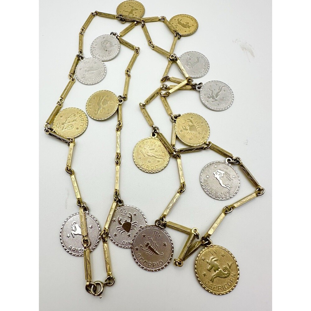 Vintage Zodiac Charm Necklace Gold Silver Tone 32”
